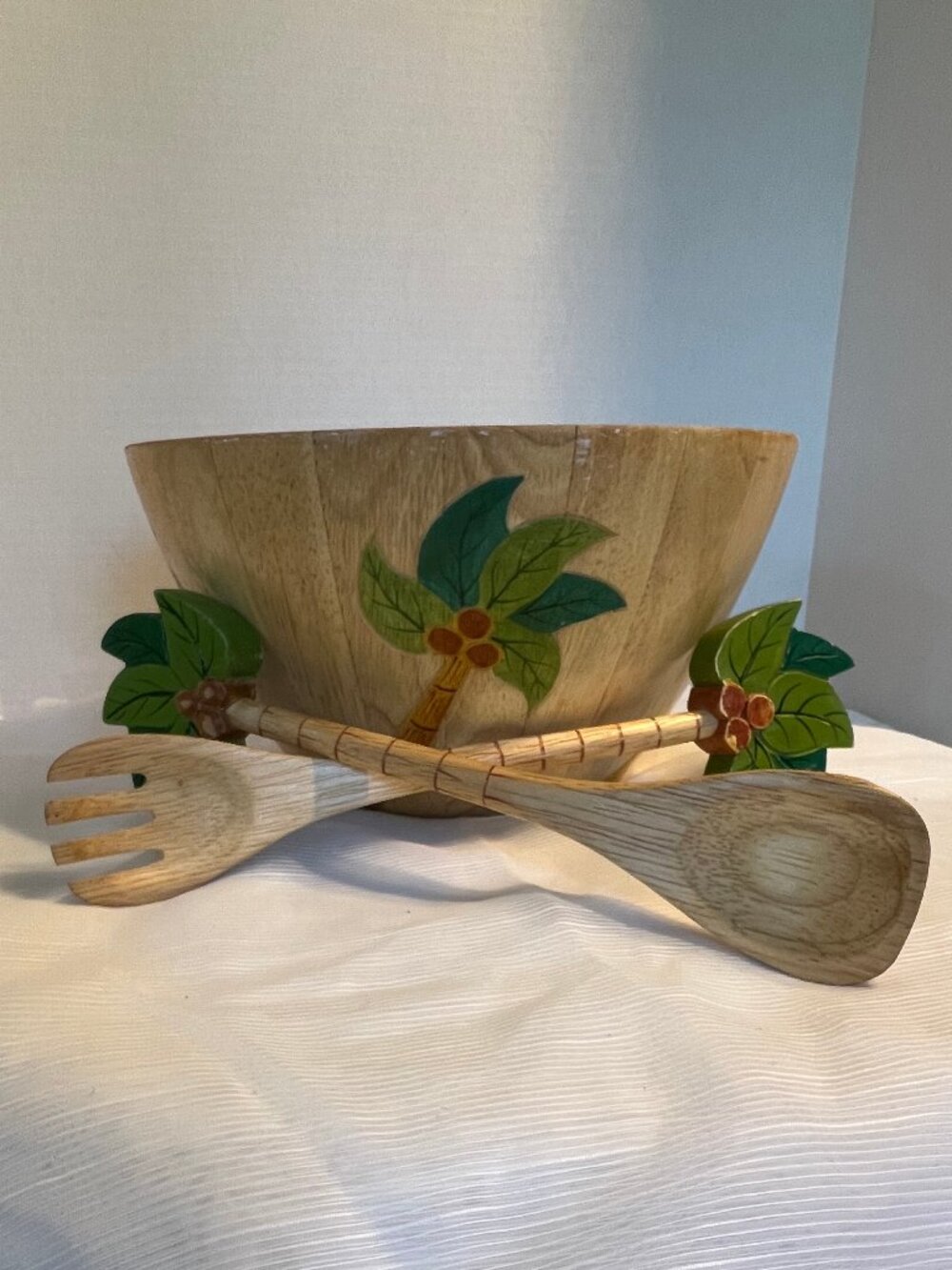Clay Art Hand-Painted Wooden Salad Bowl w/Serving Spoons